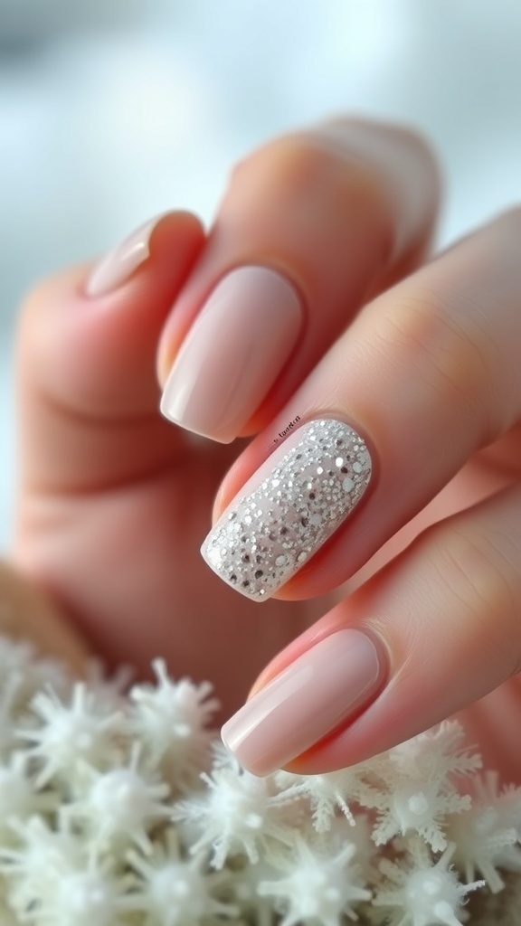 Understated Christmas Nail Art Ideas Understated Christmas nail art with nude base and glitter accent.